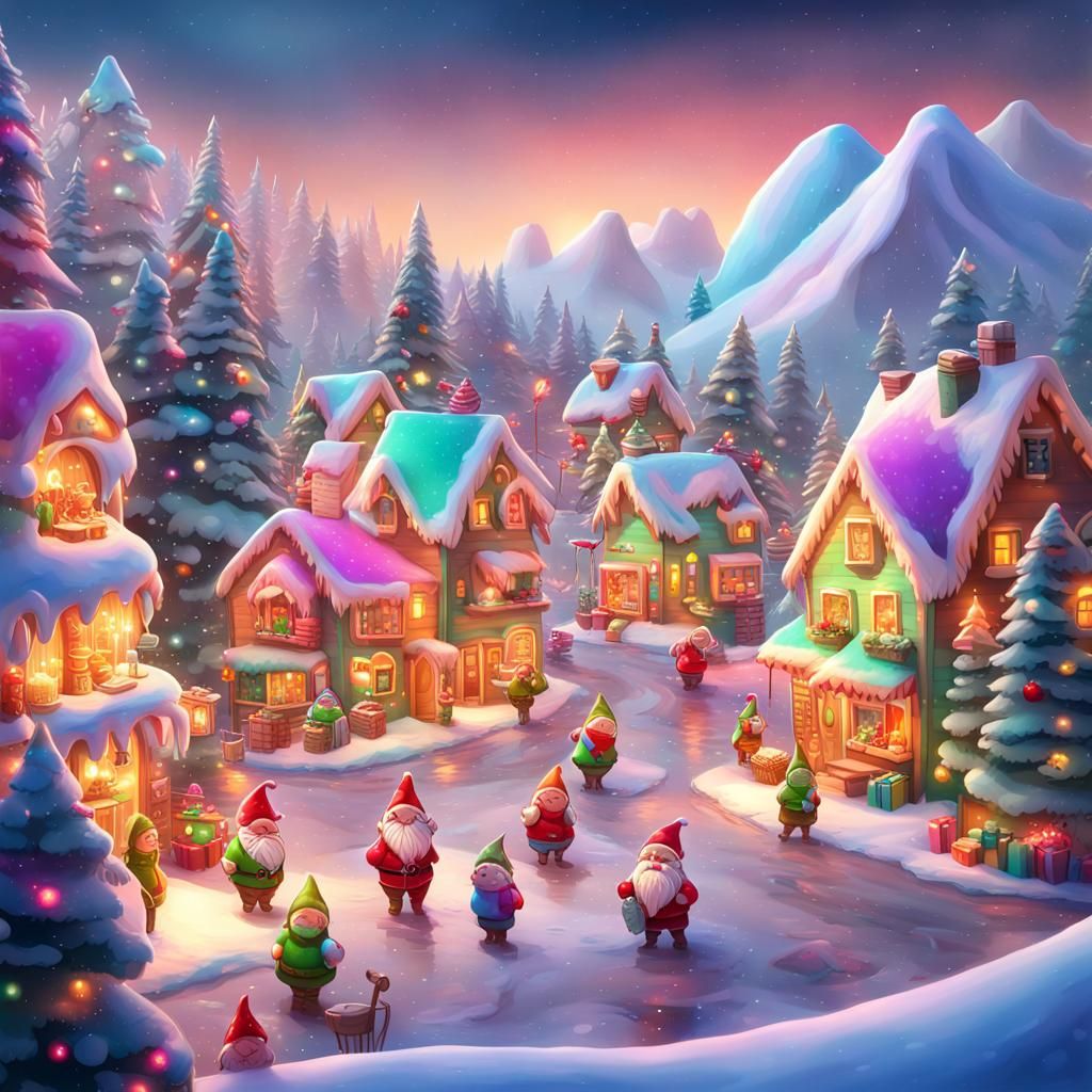 Festive Christmas Town with Gnomes in Candy Art Style
