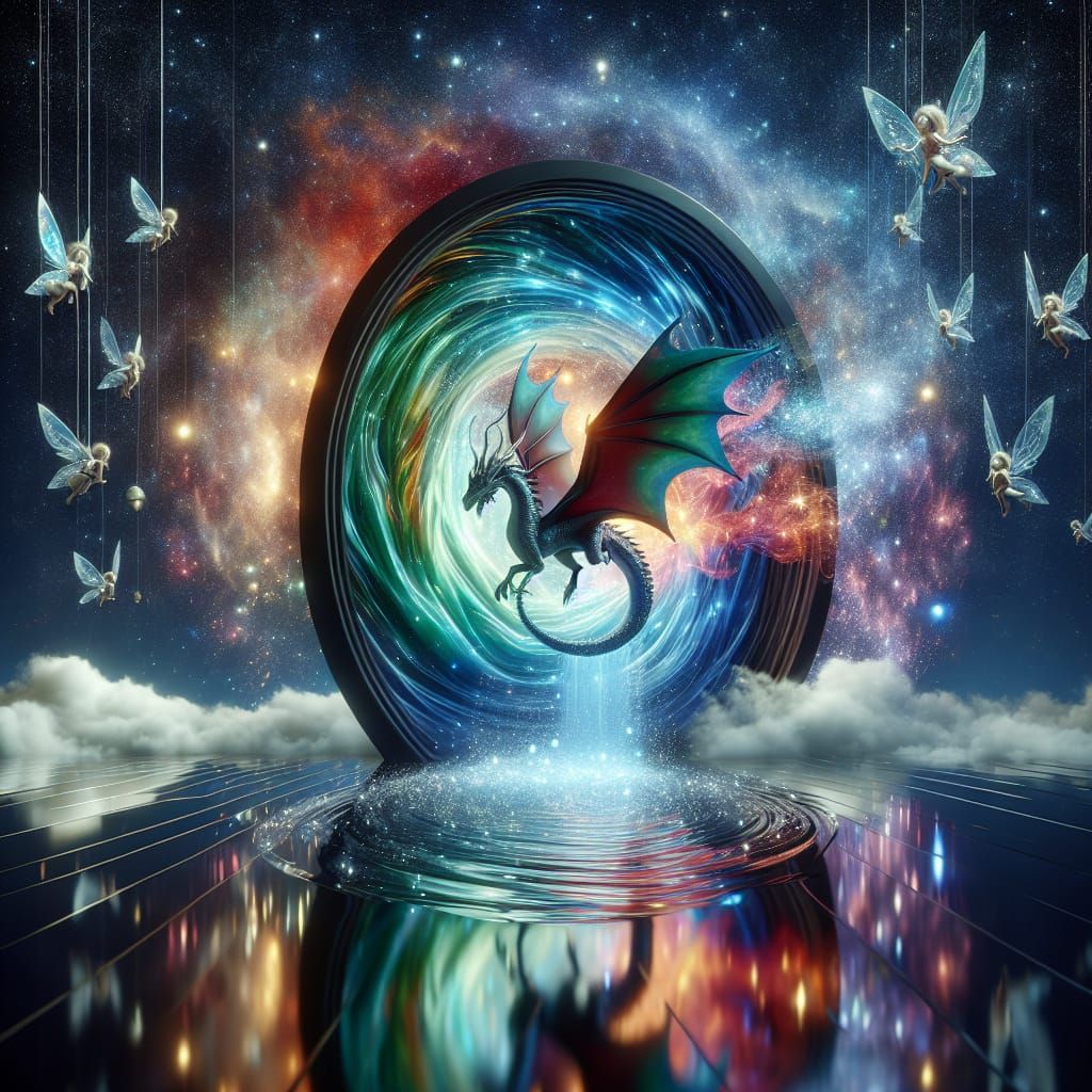 Dragon Emerges from Shimmering Portal with Fairies