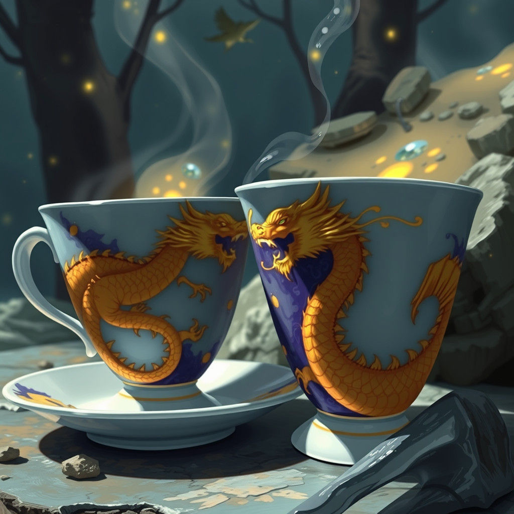 Golden Dragons Adorn Teacups in Dark Anime Style