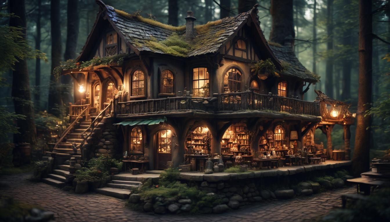 Earthy Magic Shop in Forest at Night