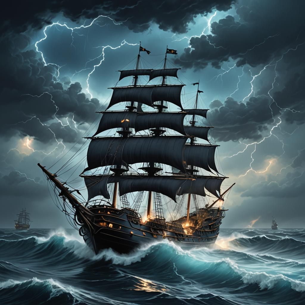 Pirate Ship Amidst Storm with Saint Elmo's Fire