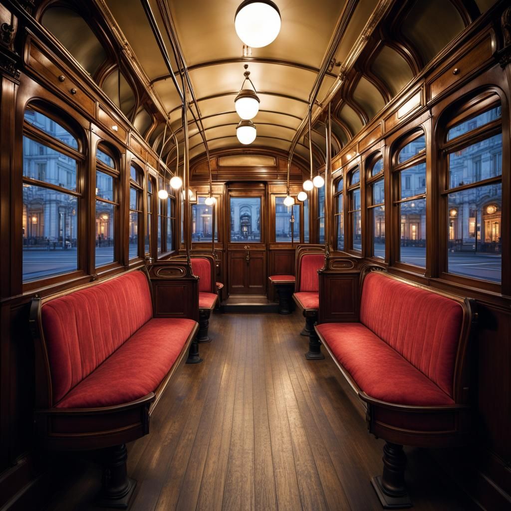 Vintage Tram Interior at Night with Historic Buildings