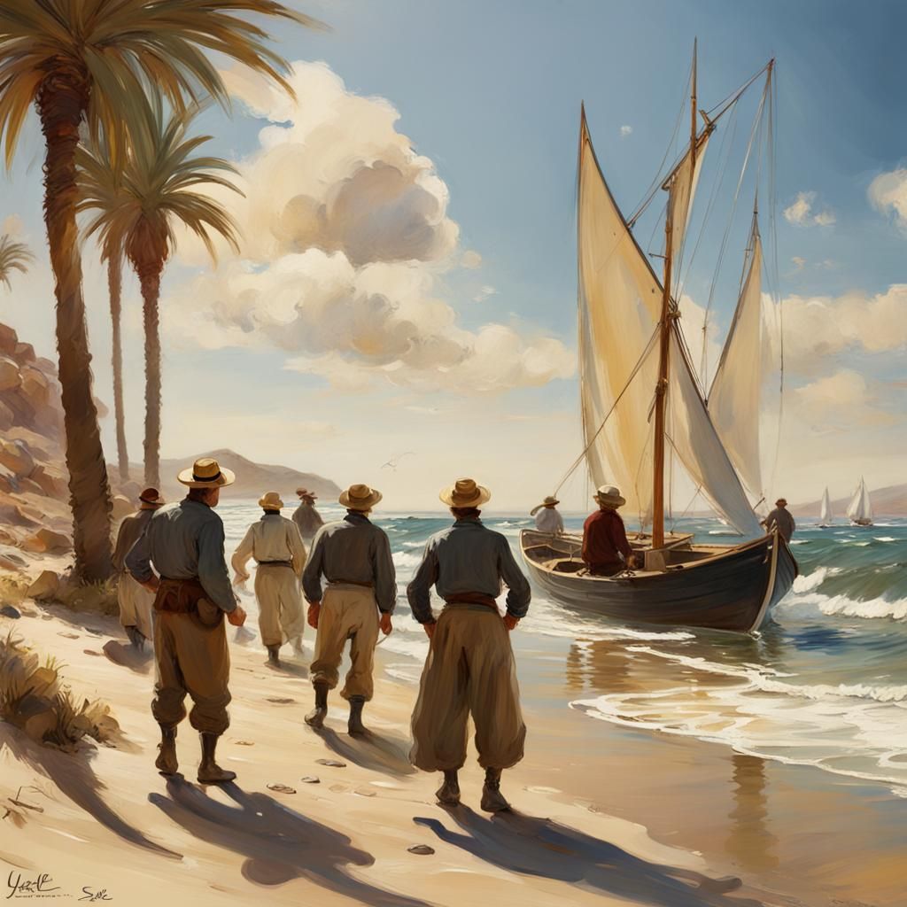 Sunlit Beach Scene with Fishermen, Spanish Painting Style
