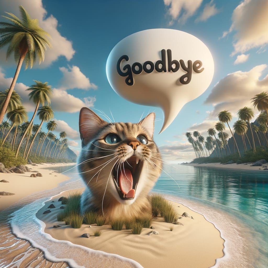 Cat Yelling Goodbye on Desert Island
