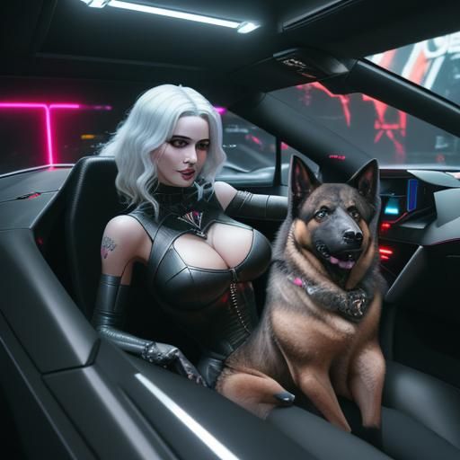 Lady Death's Cyberpunk Ride with German Shepherd