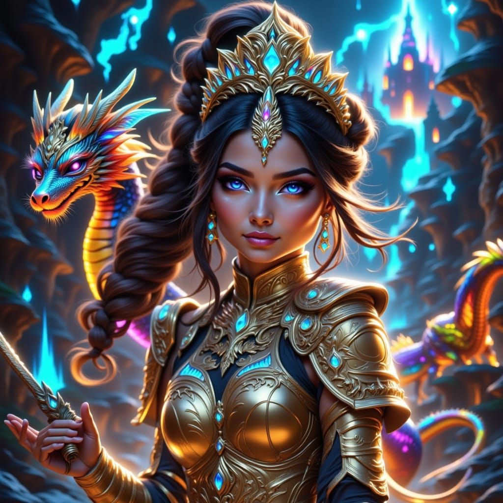 Warrior Princess with Dragon in Anime Style