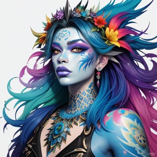 Rainbow Dragon Woman: Graffiti Art with Flower Crown