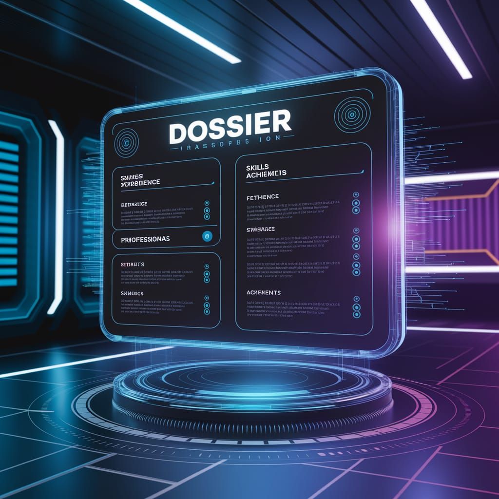 Glowing Digital Dossier in Futuristic Cyberpunk Workspace