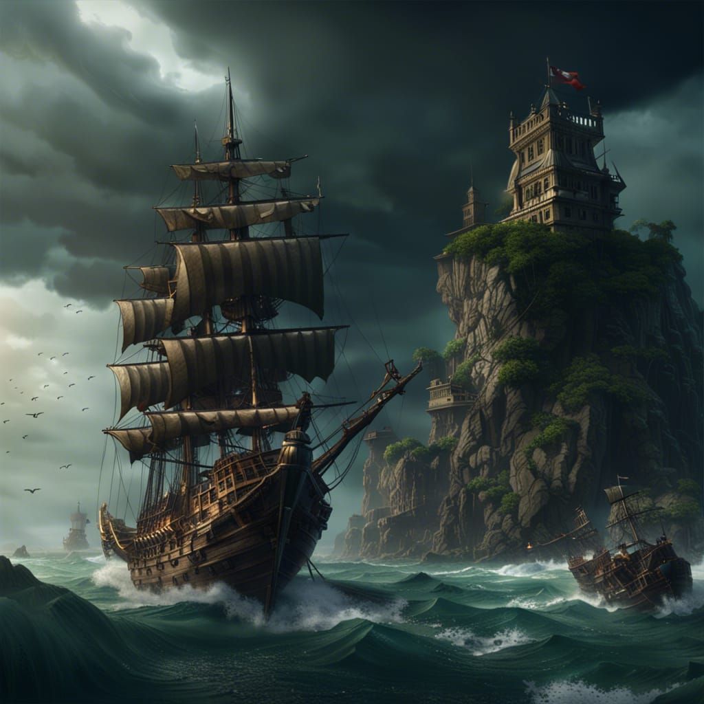 Pirate Stronghold on Skull Island in Stormy Seas