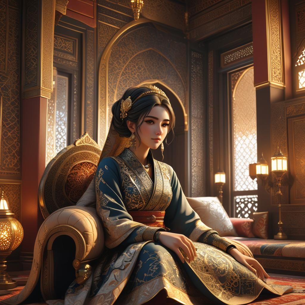 Anime Ottoman Girl in Ornate Room
