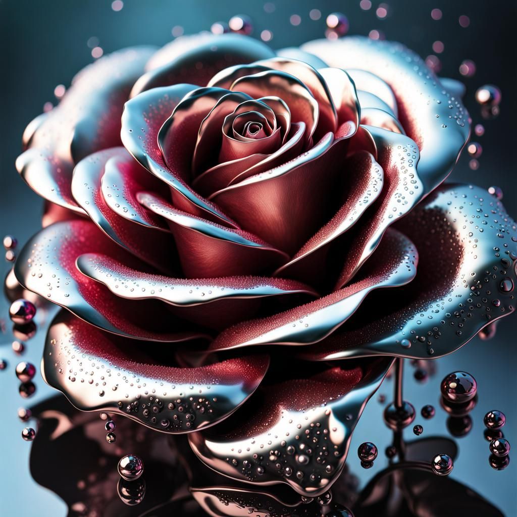 Intricate Metallic Chrome Rose with Fluid Details