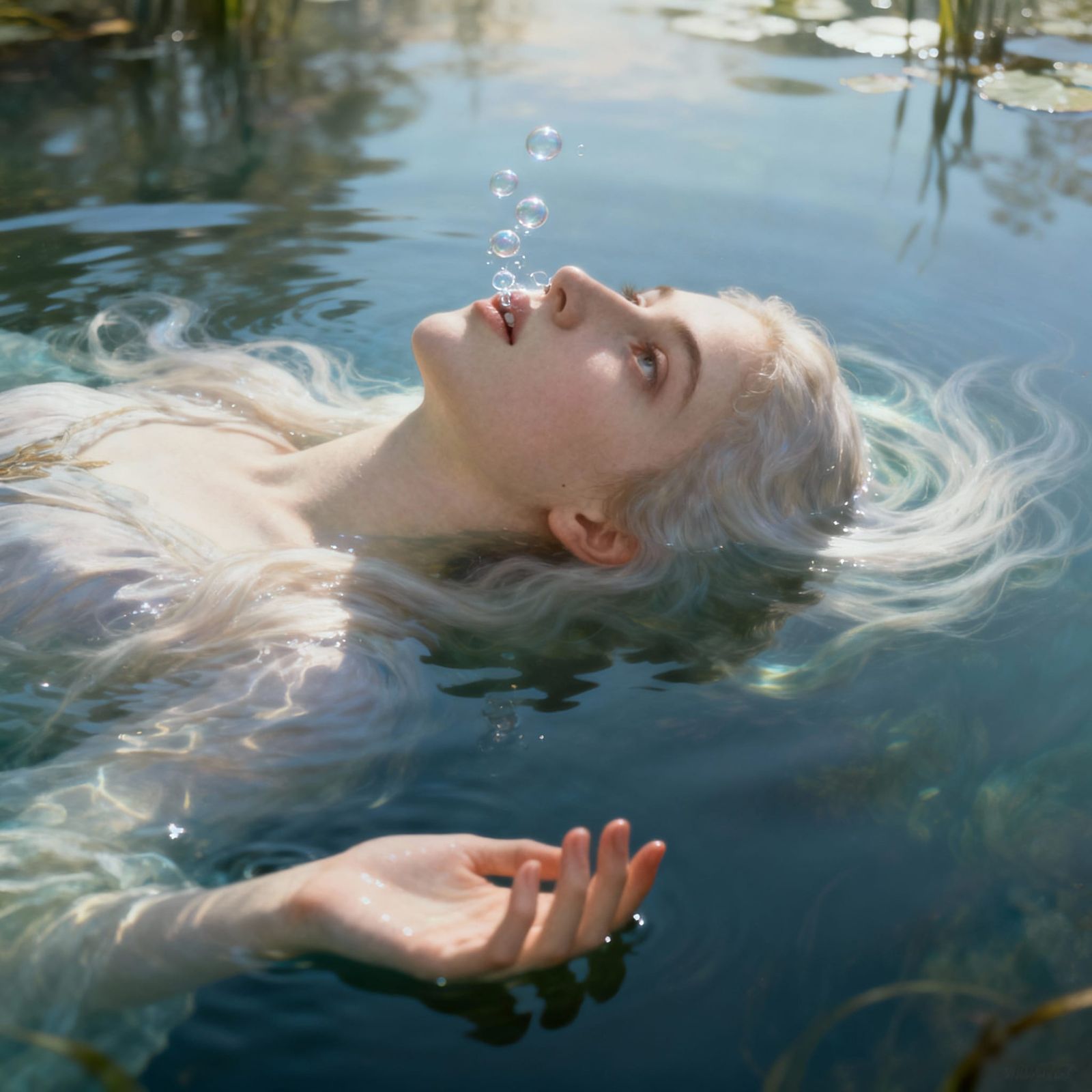 Ethereal Woman Submerged in Pond, Pre-Raphaelite Style