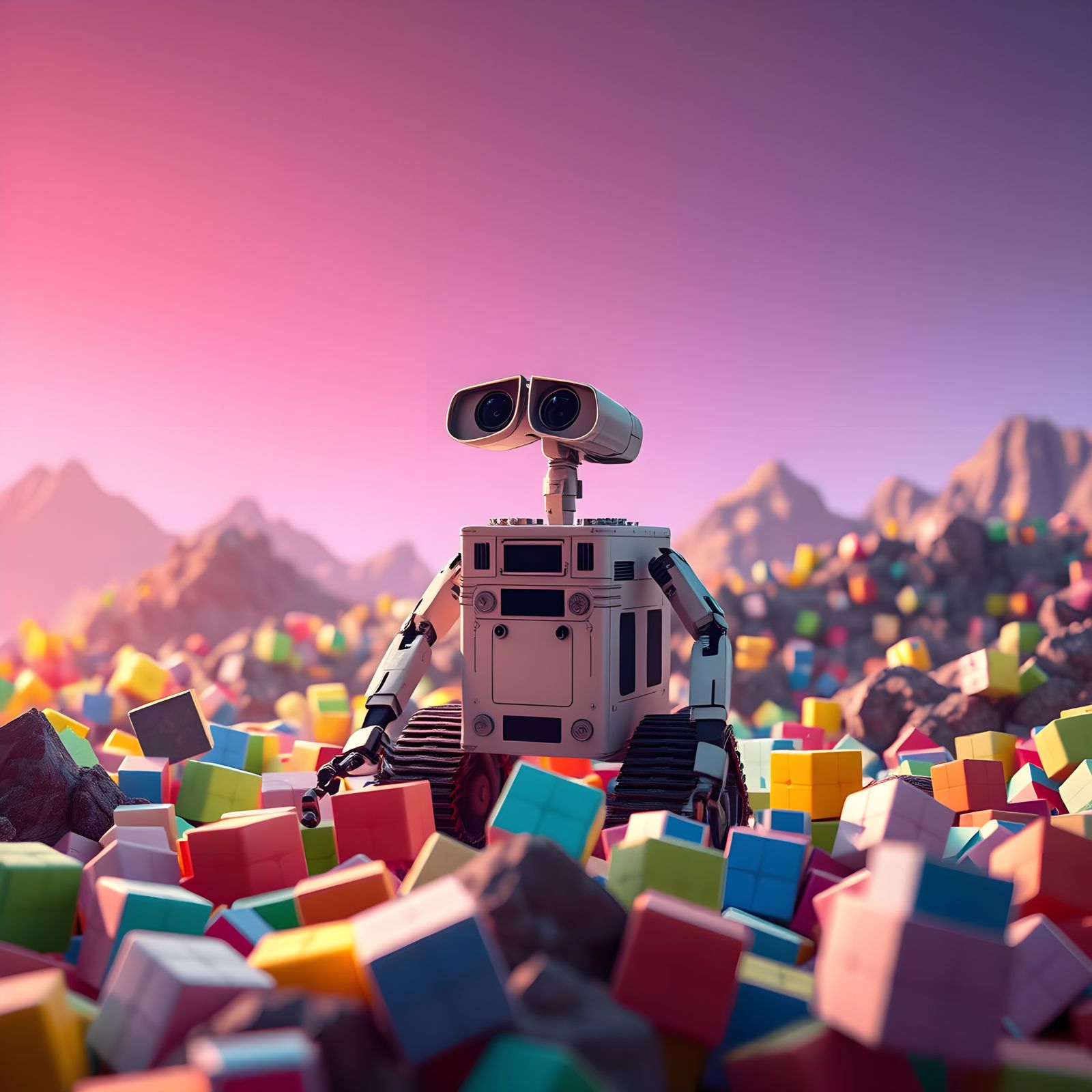 Robot in Spaceship Surrounded by Neon Rubik's Cubes