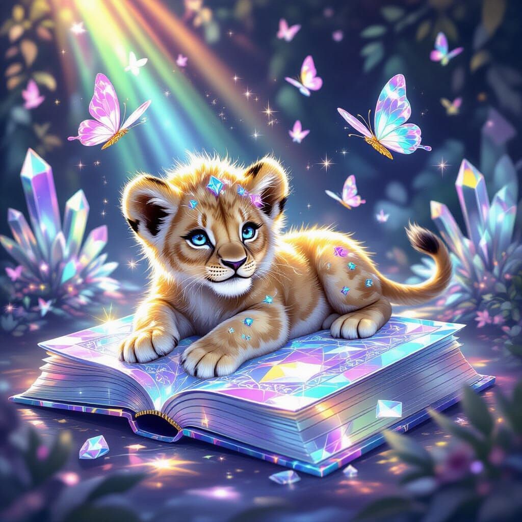 Crystal Lion Cub on Gemstone Book: Fantasy Art