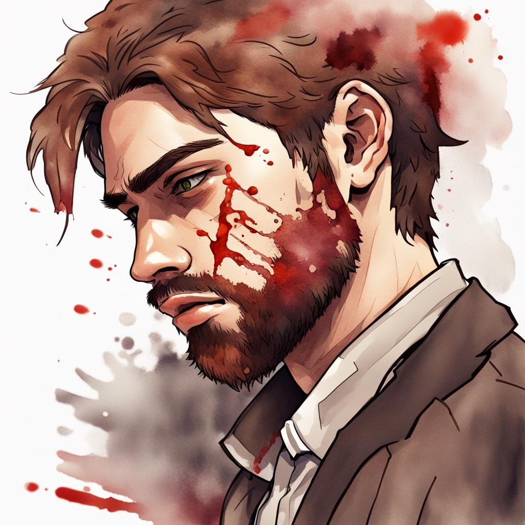 Depressed Man in Riot Gear: Watercolor Illustration