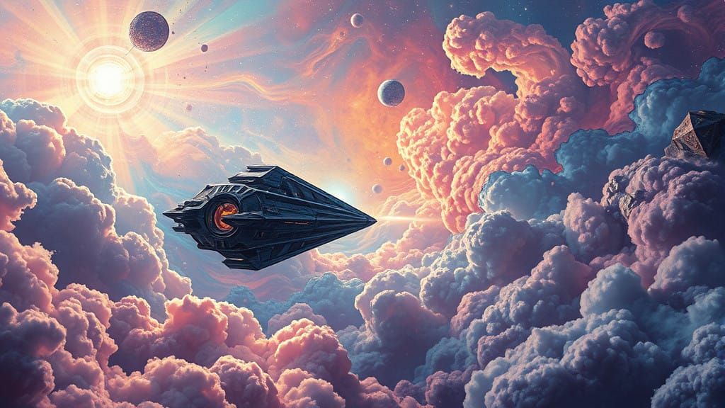 Surreal Sci-Fi Spaceship Soars Through Cosmic Nebula