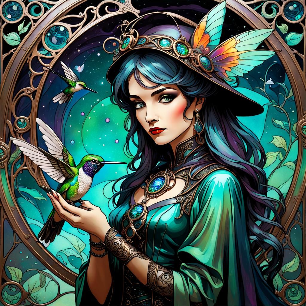 Emo Enchantress with Hummingbird in Art Nouveau Style