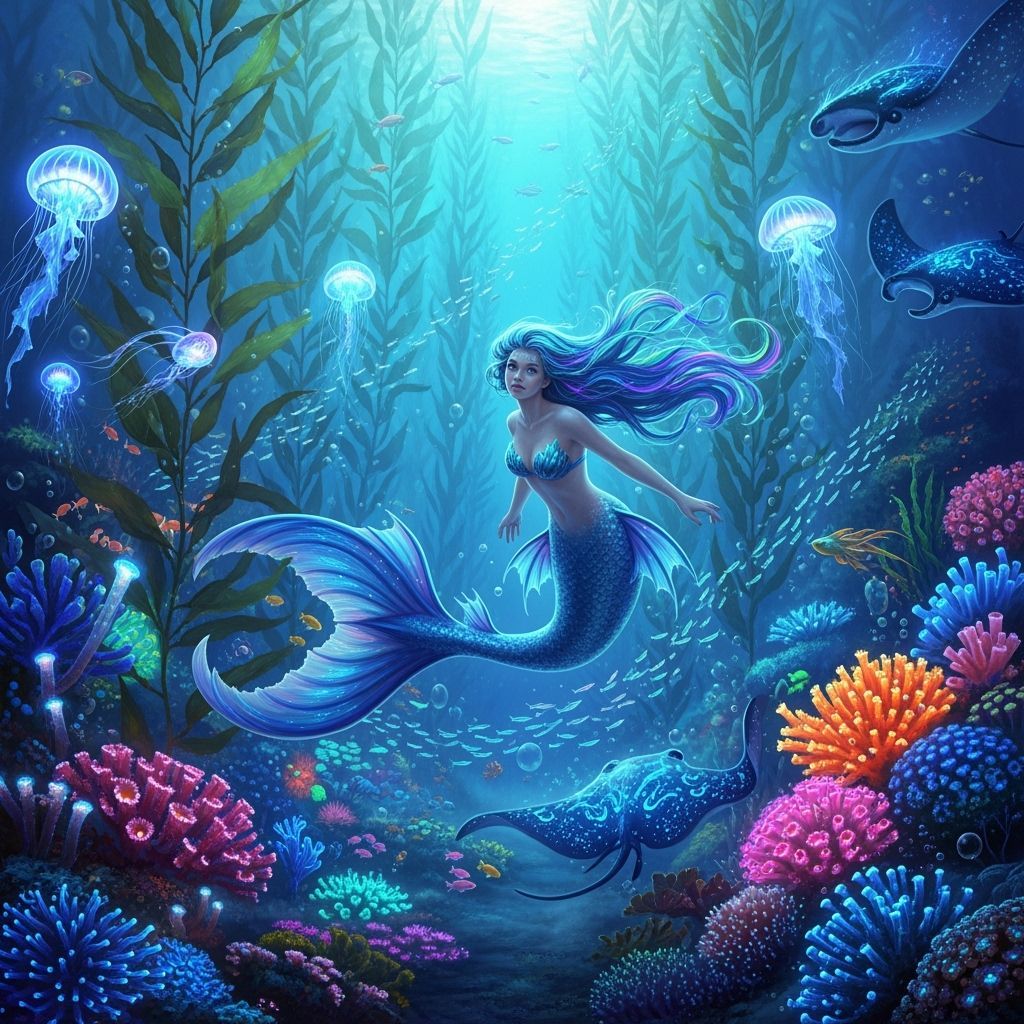 Bioluminescent Mermaid in Underwater Forest, Hyperrealistic ...