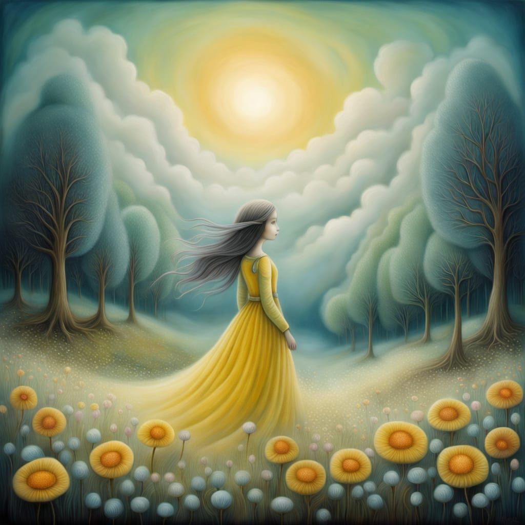 Vibrant Surreal Landscape with Blooming Flowers and Trees