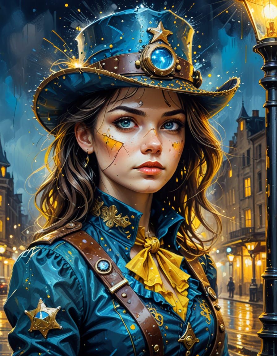 Steampunk Sheriff in Blue Dress, Oil Painting