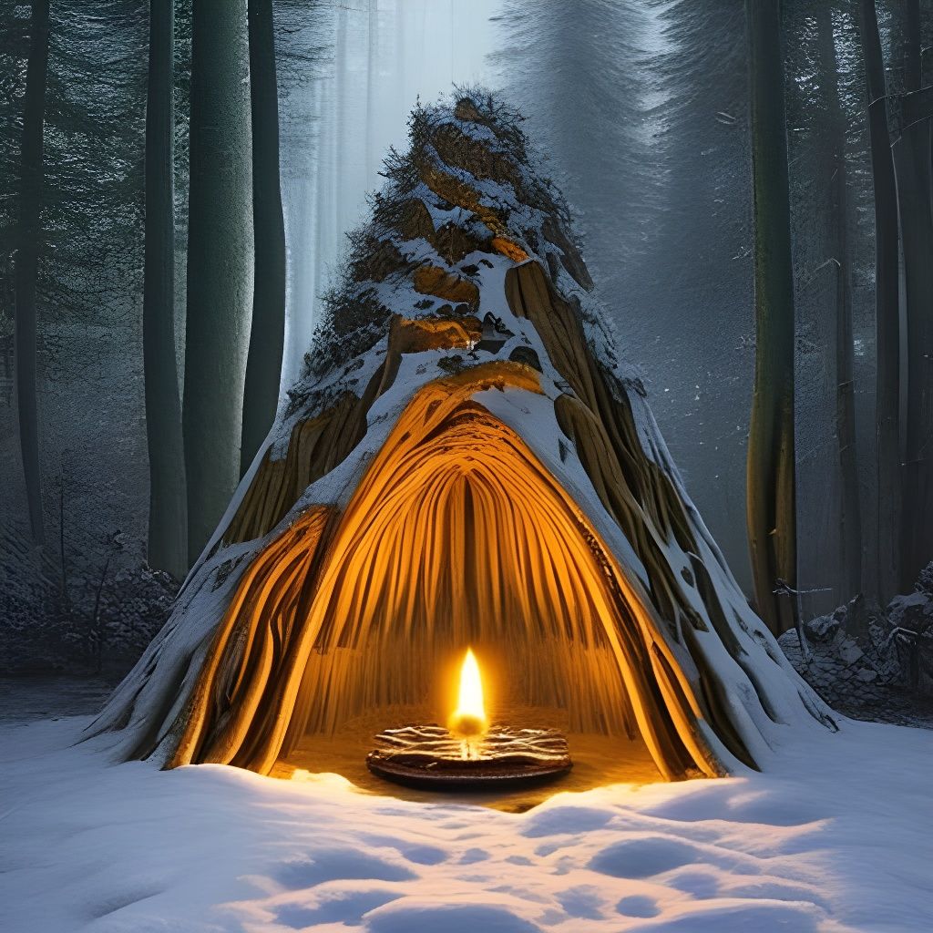Candelit Book Nook in Snowy Tree, Digital Art