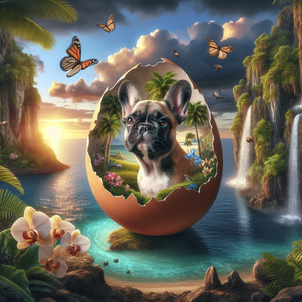 Tropical Island Dreamscape with French Bulldog