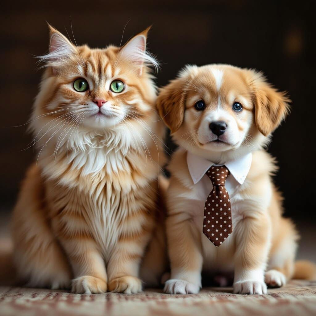 Fluffy Cat and Puppy Portrait in Photorealistic Style