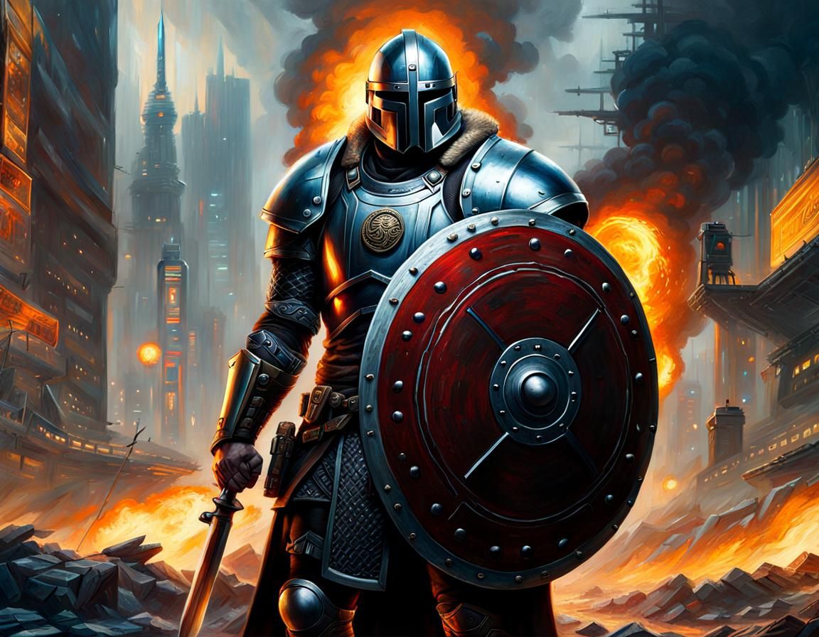 Cyberpunk Viking Warrior in Detailed Oil Painting