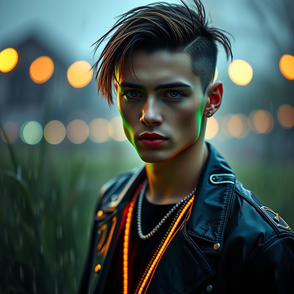 Androgynous Figure in Neon-lit Summer Rain, Photography