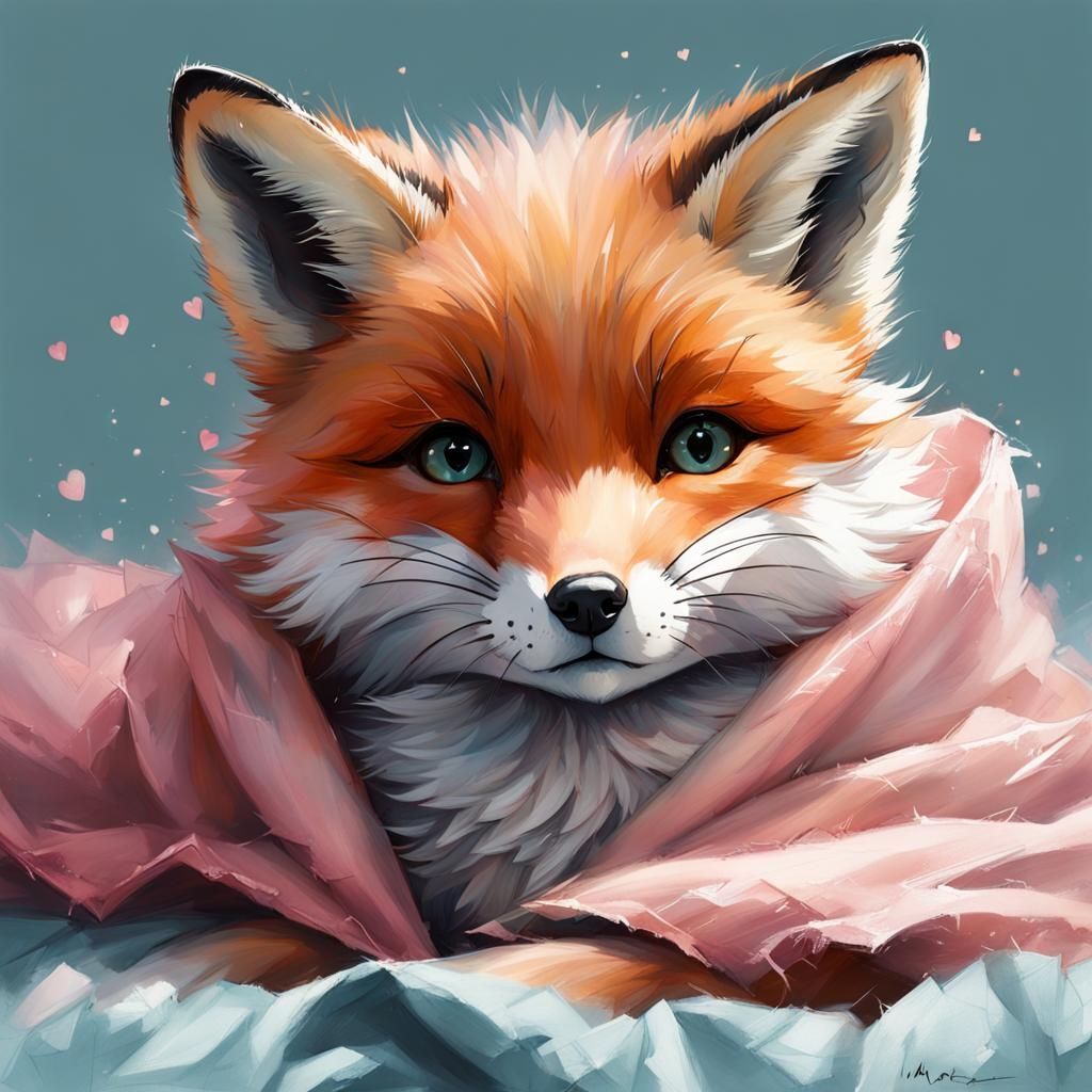 Adorable Fluffy Fox Pup with Heart Pillow