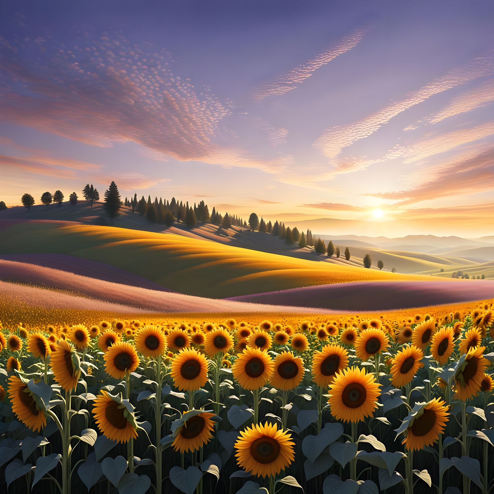 Vibrant Golden Hour Sunflower Field in Hyperrealistic Digita...