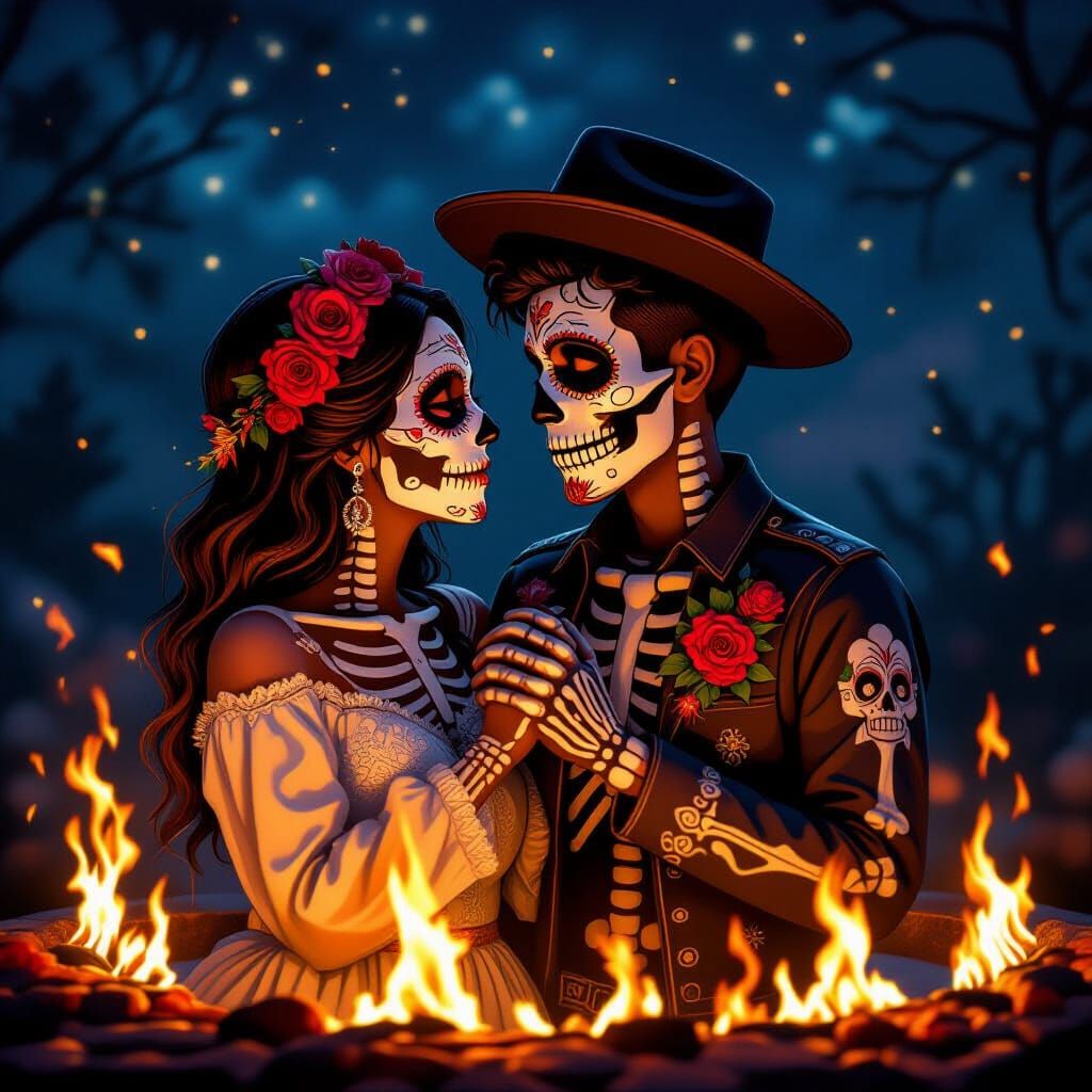 Day of the Dead Couple Embracing in Fiery Ring