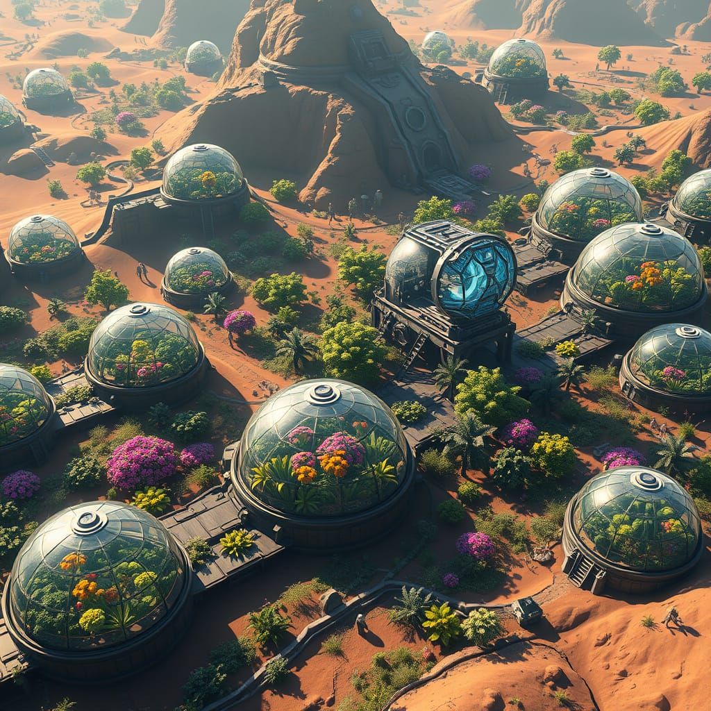 Sprawling Martian City Under Glass Domes with Lush Gardens