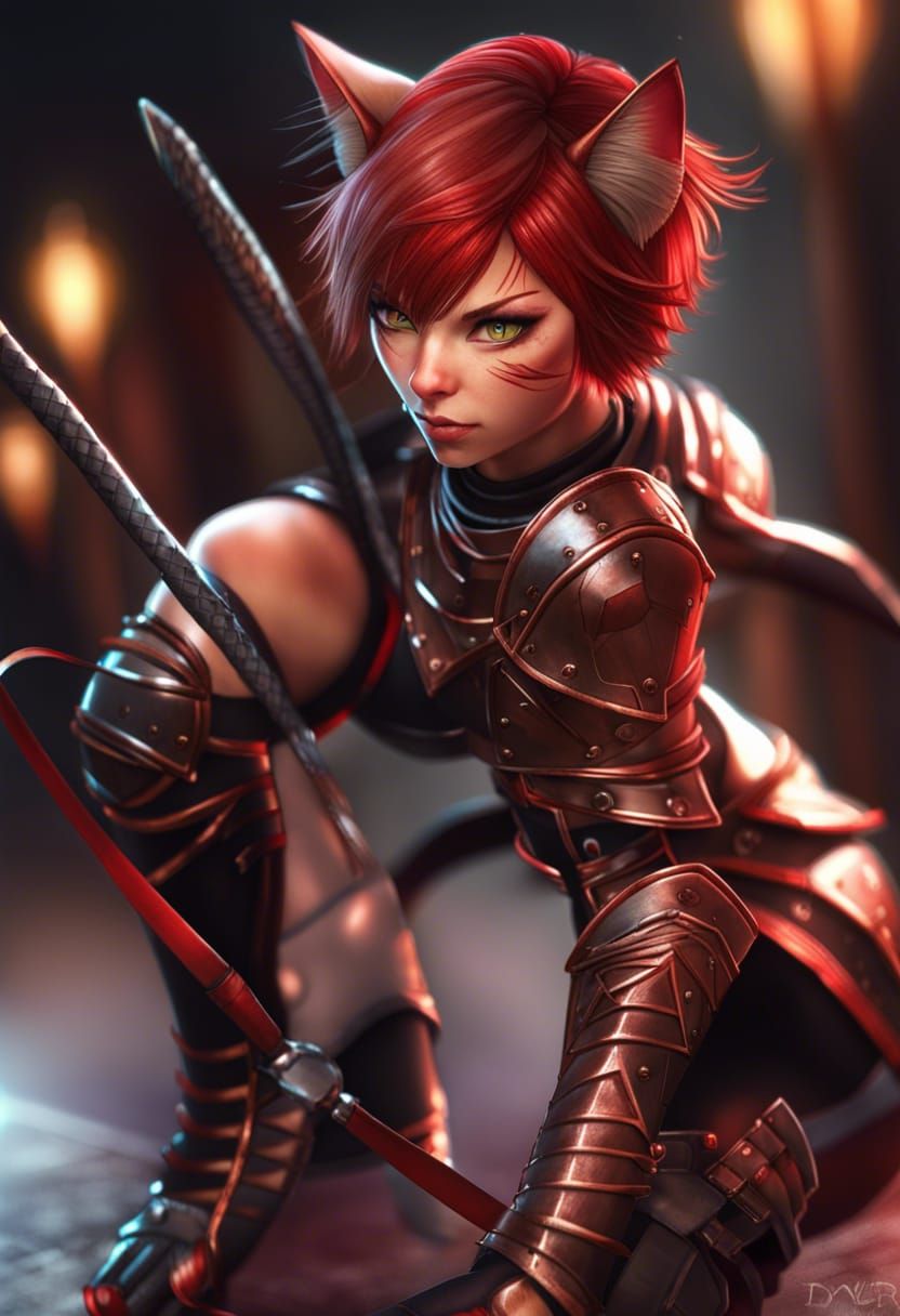 Catgirl Warrior in Leather Armor, 8K Concept Art