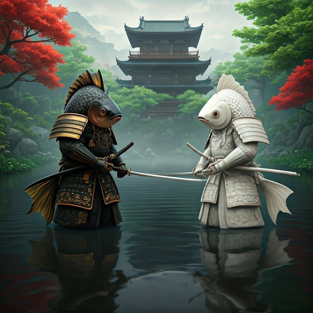 Intricately Armored Fish Samurai Confrontation on Lake's Edg...