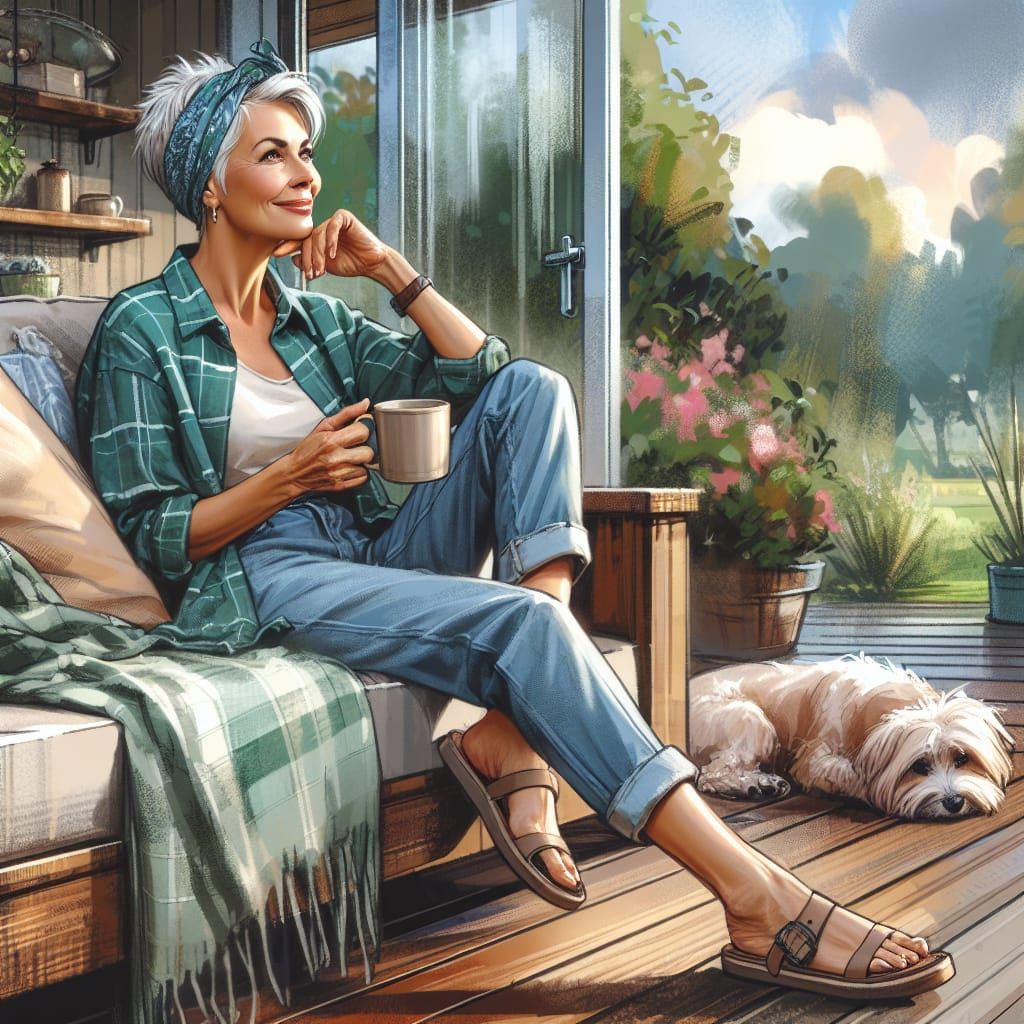 Woman with Coffee on Porch, Wet Sketch Painting