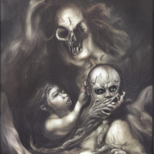 Grotesque Mythic Figure Devouring Child in Chiaroscuro Style
