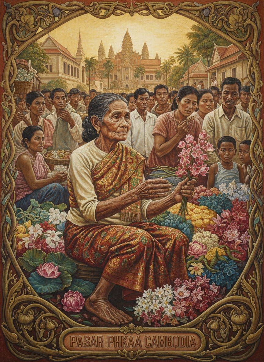 Cambodian Flower Seller Mural in Diego Rivera Style