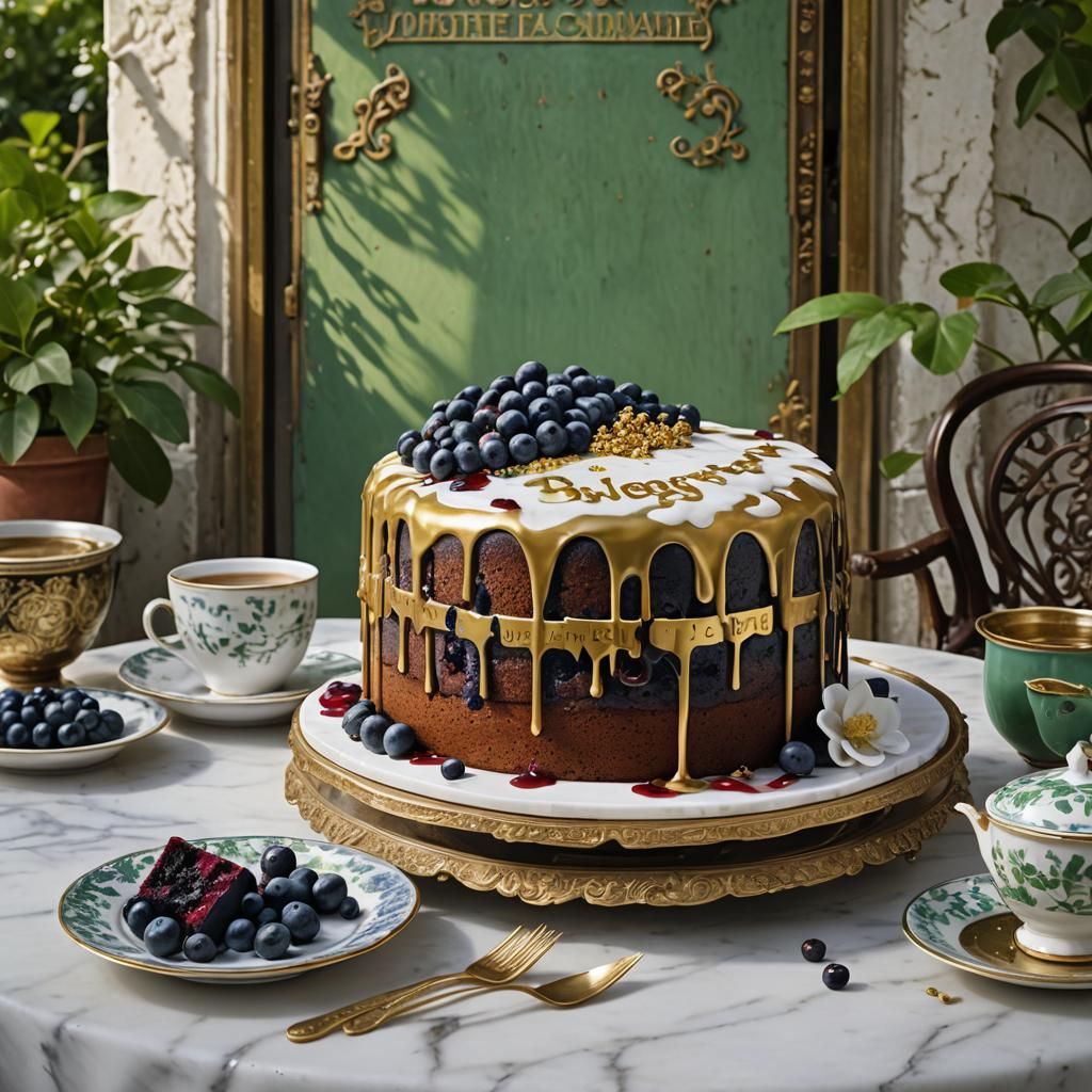 Blueberry Merlot Cake Overflowing on French Patio