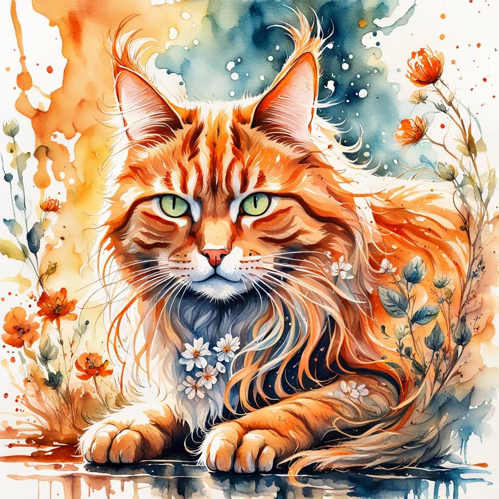 Orange Cat in Watercolor Wonderland: Golden Hour Art
