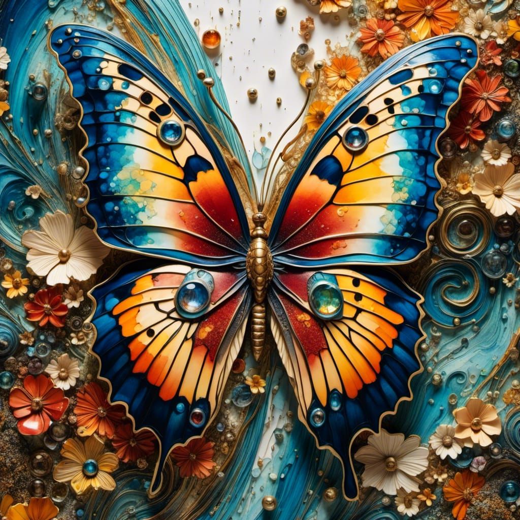 Detailed Butterfly with Marbling in Gouache Illustration