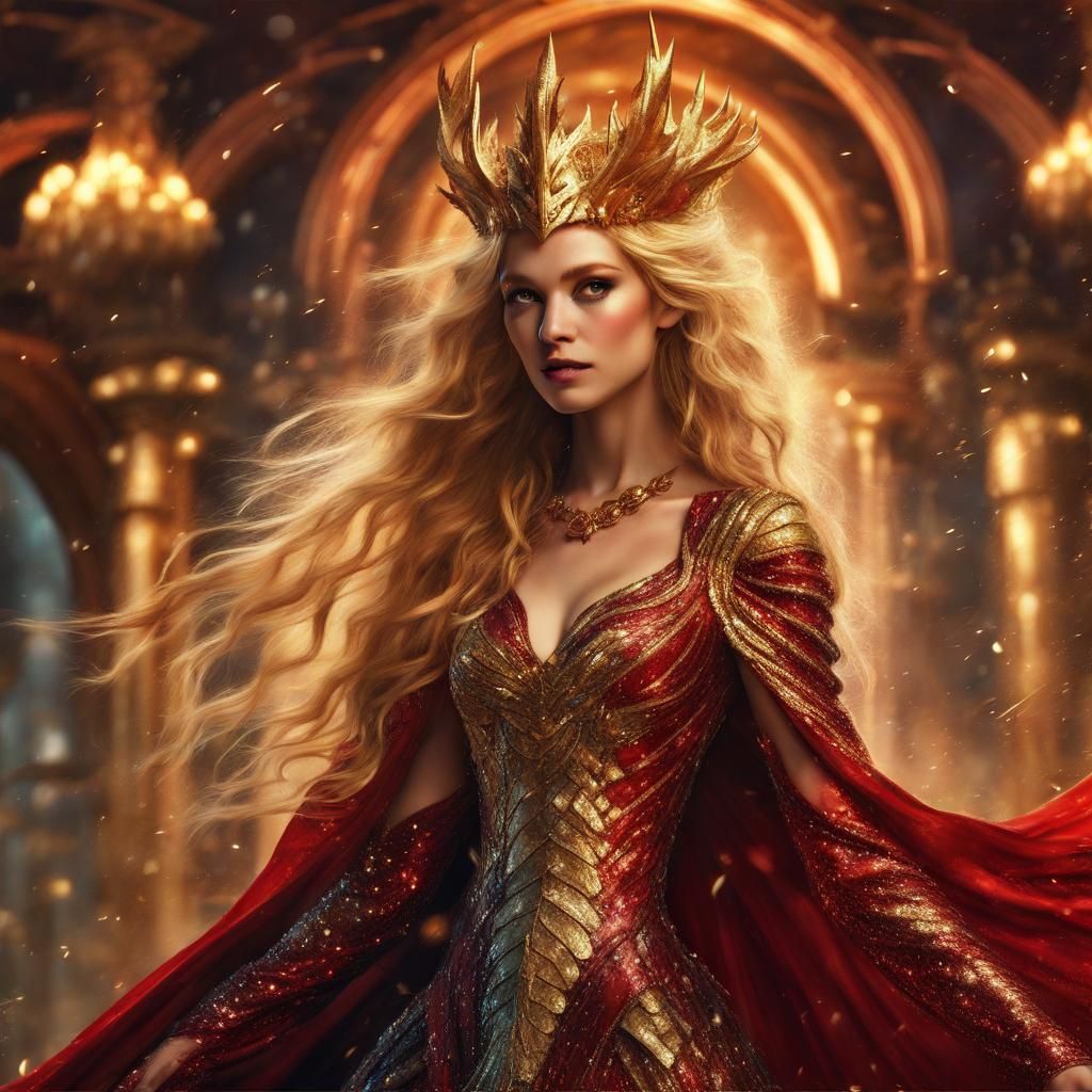 Sequin-Gowned Dragon Queen with Golden Hair