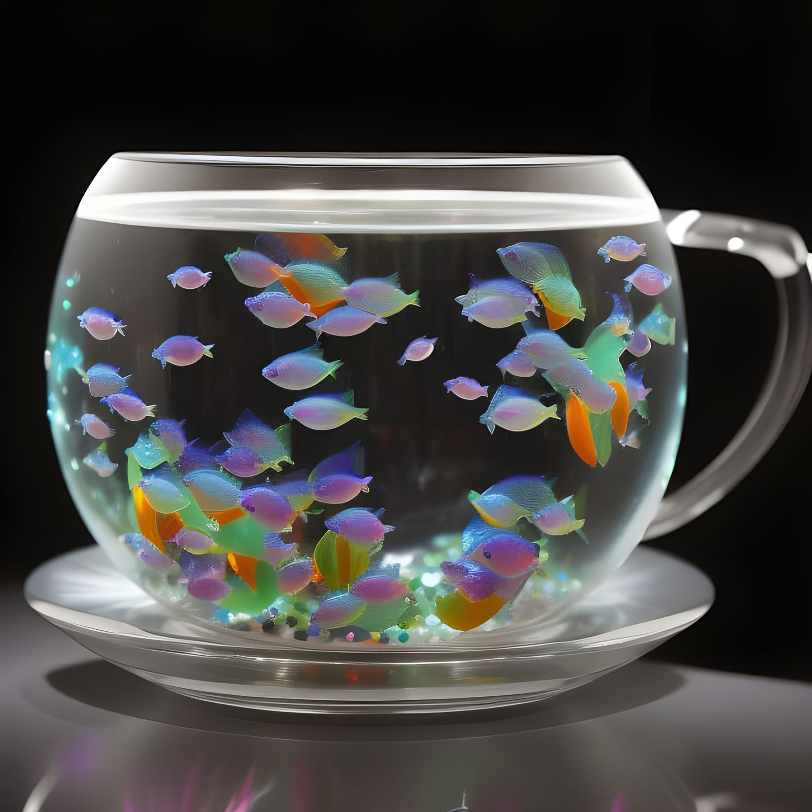 Glowing Teacup Aquarium with Colorful Fish