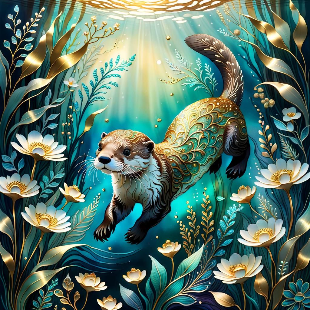 Otter's Whimsical Underwater Scene in Alcohol Ink Style