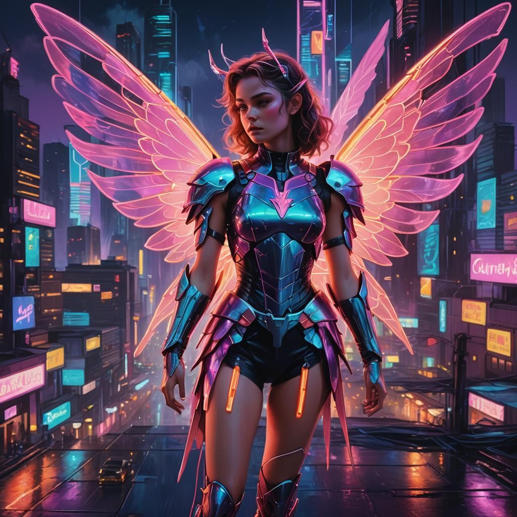 Synthwave Fairy in Neon Cityscape