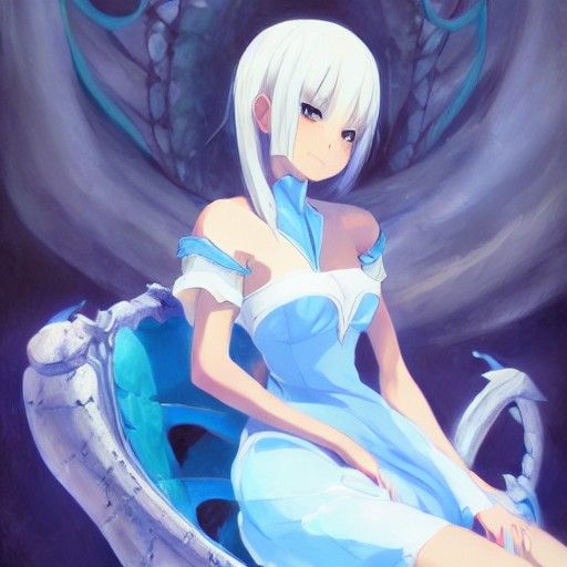 Anime Dragon Girl on Throne: Oil Painting