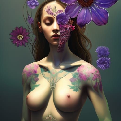 Hyperdetailed Body Painting with Flowers and Mosaics