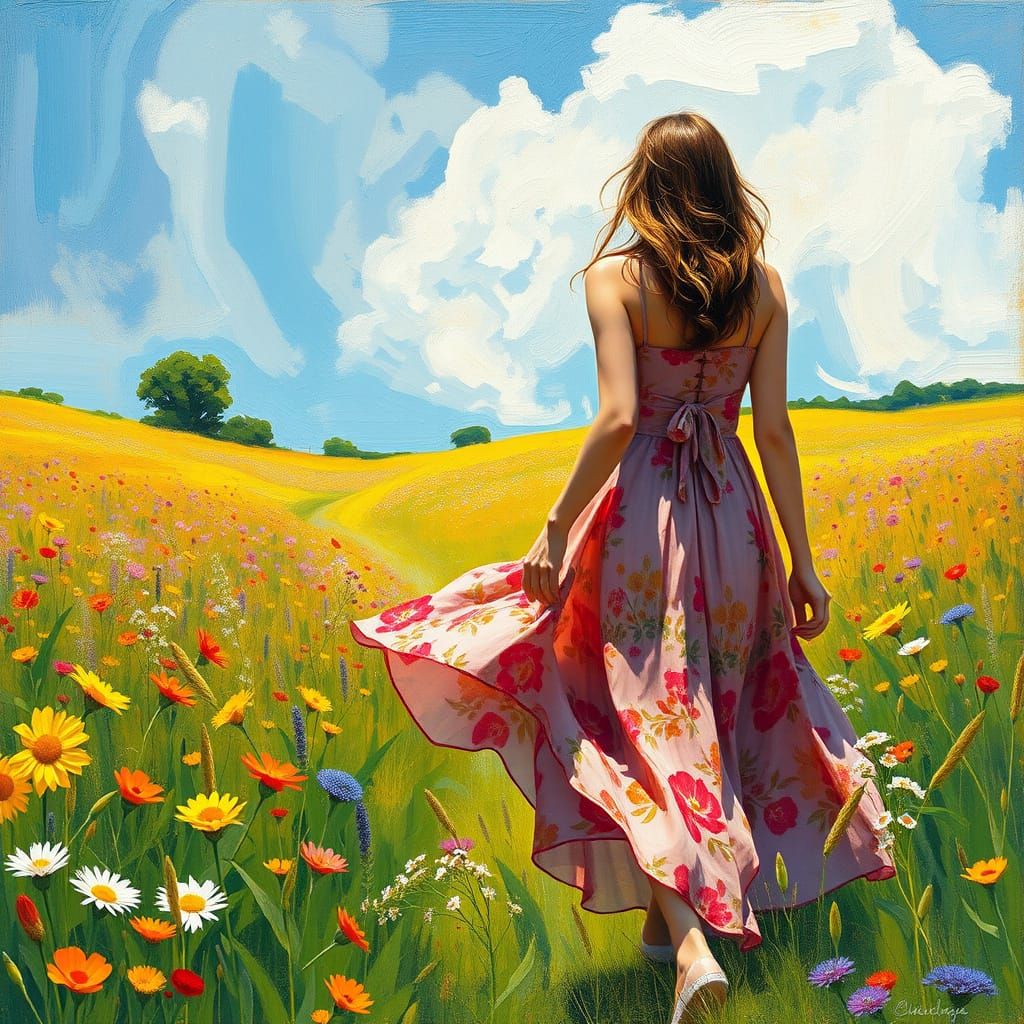 Woman in Spring Field, Gouache Style