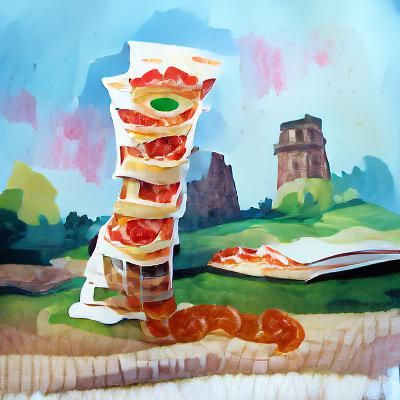 Leaning Tower of Pizza in Gouache Style