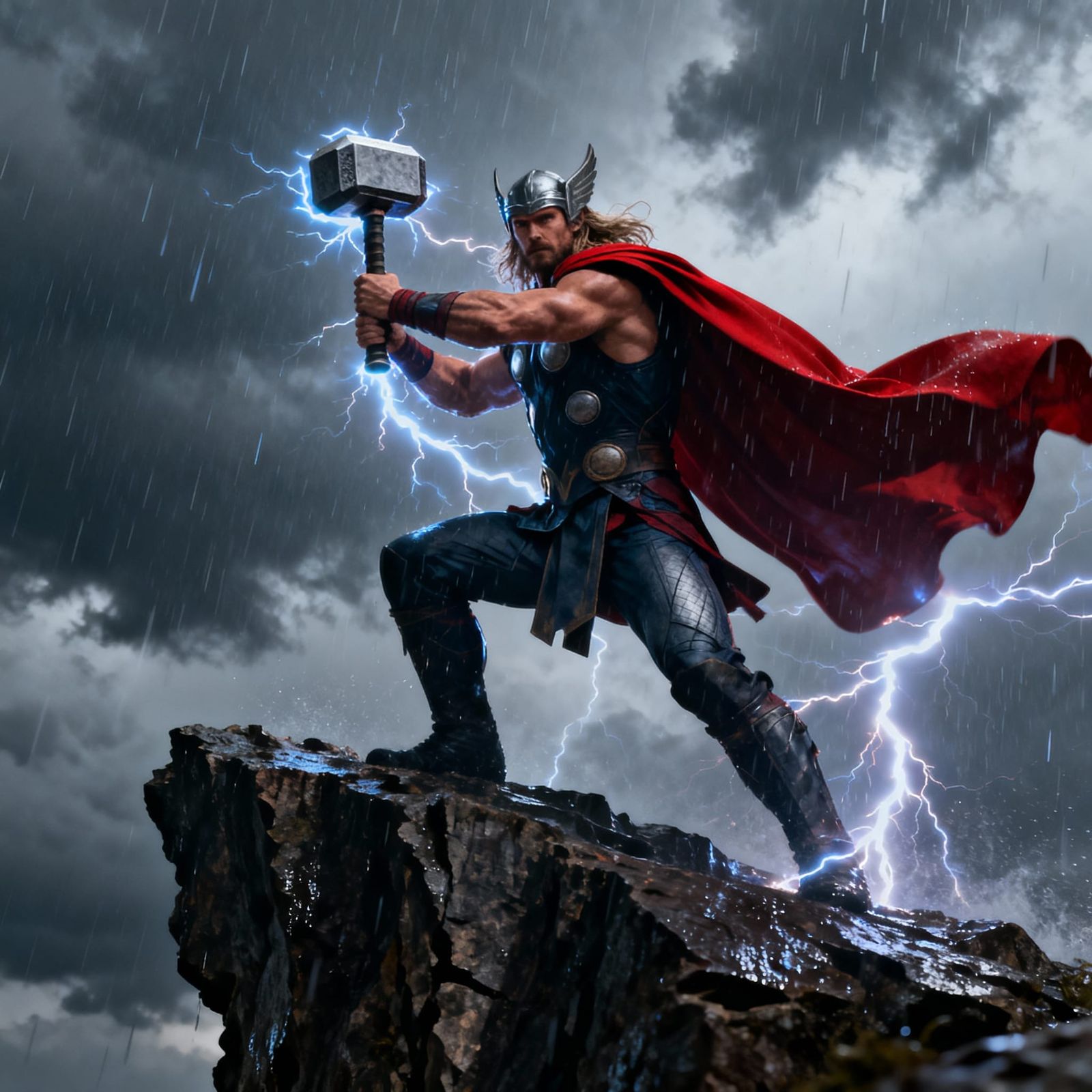 Thor Wields Hammer on Stormy Promontory